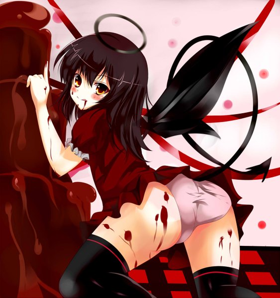 Anime picture 1200x1279 with original kown (artist) single long hair tall image blush light erotic black hair yellow eyes ass girl thighhighs underwear panties black thighhighs food sweets tongue clothes chocolate