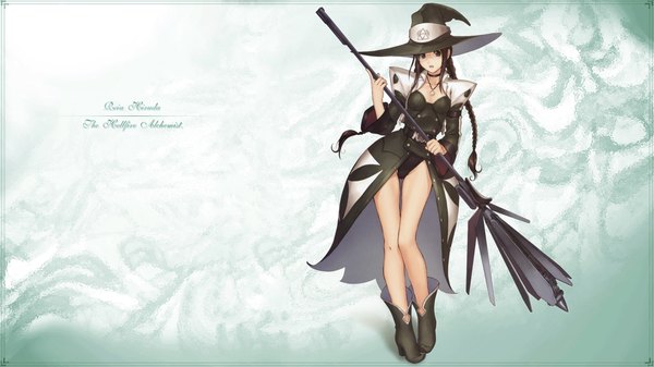 Anime picture 1920x1080 with shining (series) shining tears shining wind hiruda reia tony taka single long hair highres open mouth black hair wide image braid (braids) black eyes legs twin braids witch green background girl dress glasses