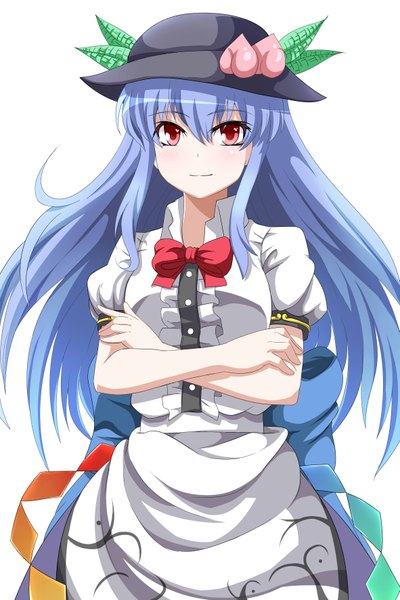 Anime picture 2362x3543 with touhou hinanawi tenshi eo (artist) single long hair tall image highres simple background red eyes white background blue hair girl dress hat peach
