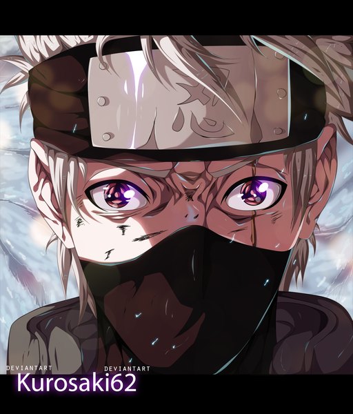 Anime picture 1400x1641 with naruto studio pierrot naruto (series) hatake kakashi kurosaki62 single tall image looking at viewer short hair simple background red eyes signed grey hair coloring scar eyebrows manga boy mask bandana