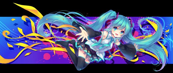 Anime picture 1100x464 with vocaloid hatsune miku shinia single looking at viewer blush open mouth blue eyes wide image twintails very long hair pleated skirt aqua hair spread arms girl ribbon (ribbons) detached sleeves thigh boots