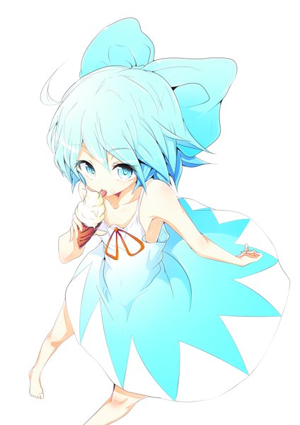 Anime picture 2893x4092 with touhou cirno baba (baba seimaijo) single tall image highres short hair blue eyes simple background white background bare shoulders blue hair looking away ahoge barefoot from above girl dress bow hair bow