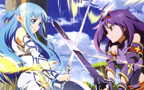 Anime picture 4062x2549 with sword art online a-1 pictures yuuki asuna yuuki (sao) asuna (sao-alo) suzuki kanta long hair highres blue eyes red eyes multiple girls blue hair absurdres sky purple hair cloud (clouds) pointy ears scan official art battle