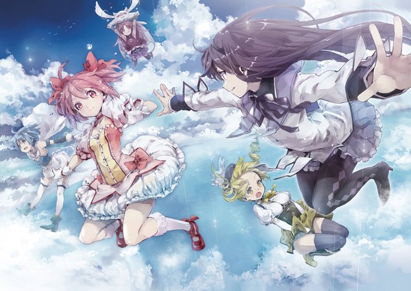 Anime picture 1600x1134 with mahou shoujo madoka magica shaft (studio) akemi homura kaname madoka sakura kyouko miki sayaka tomoe mami yuugen open mouth blue eyes black hair blonde hair red eyes multiple girls yellow eyes blue hair pink hair sky cloud (clouds) red hair