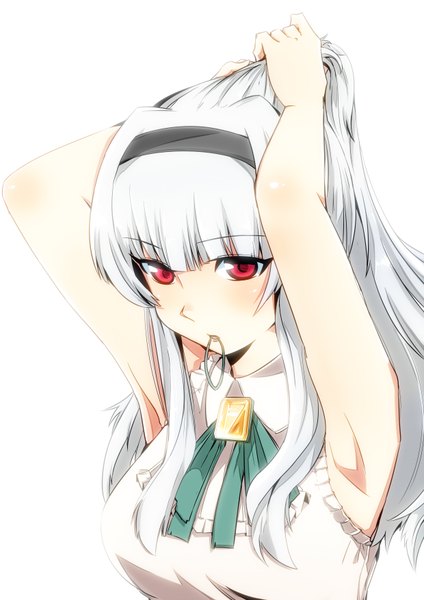 Anime picture 2480x3508 with idolmaster shijou takane meno~n single long hair tall image blush highres simple background red eyes white background white hair mouth hold girl hairband