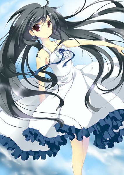 Anime picture 752x1062 with original umino mizu single long hair tall image looking at viewer black hair red eyes girl dress sundress