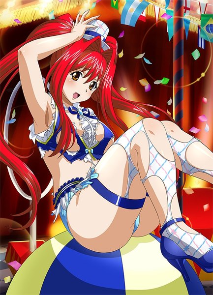 Anime picture 600x831 with ikkitousen kanpei single long hair tall image blush breasts open mouth light erotic brown eyes ponytail red hair torn clothes girl thighhighs hat mini hat torn thighhighs mini top hat confetti