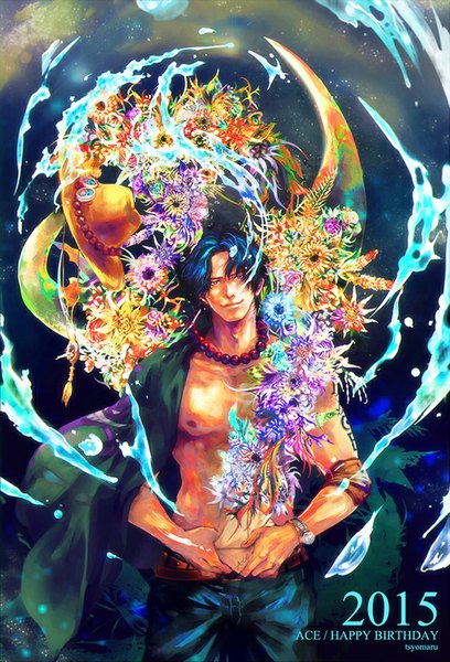 Anime picture 599x880 with one piece toei animation portgas d. ace tsuyomaru single tall image short hair blue hair inscription tattoo clothes on shoulders happy birthday 2015 boy flower (flowers) hat water bracelet beads fire