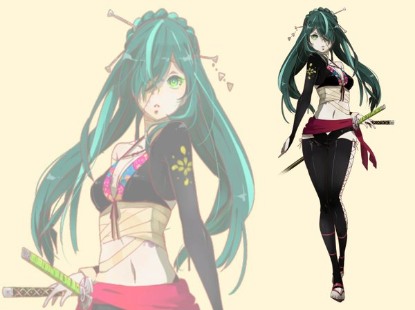 Anime picture 1355x1016 with tagme (artist) single long hair looking at viewer fringe bare shoulders green eyes hair over one eye aqua hair midriff pale skin lacing zoom layer girl thighhighs navel hair ornament black thighhighs sword katana