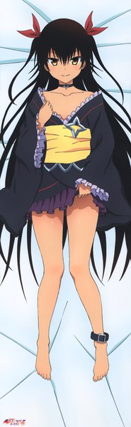 Anime picture 2285x7384 with toloveru toloveru darkness xebec master nemesis single tall image looking at viewer fringe highres light erotic black hair hair between eyes twintails brown eyes very long hair traditional clothes japanese clothes barefoot bare legs dakimakura (medium)