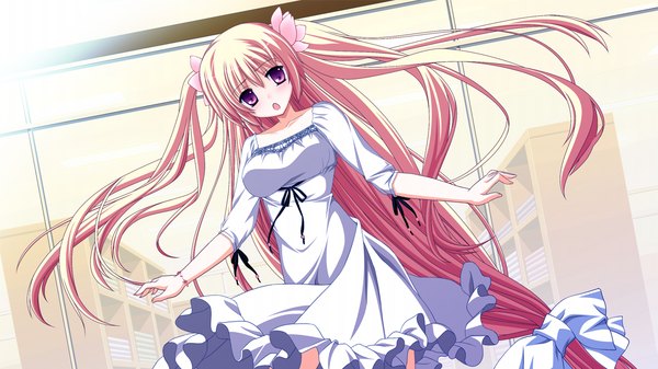 Anime picture 1280x720 with fortissimo//akkord:bsusvier (game) sakura (fortissimo) ooba kagerou long hair open mouth blonde hair red eyes wide image game cg girl dress white dress