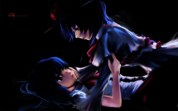 Anime picture 1920x1204 with touhou hinanawi tenshi nagae iku jq long hair highres short hair open mouth simple background multiple girls lying black background dark background gloom girl dress 2 girls hat