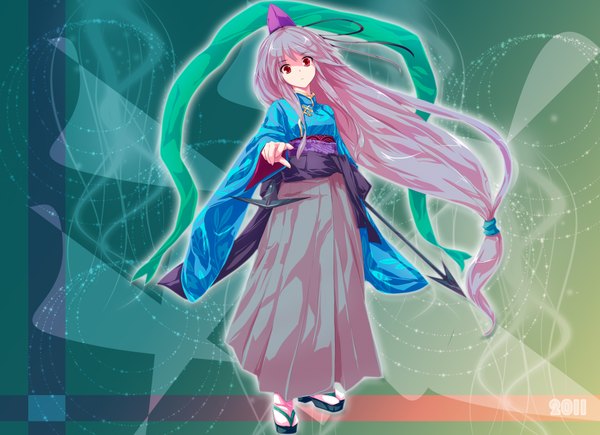 Anime picture 1954x1417 with touhou original watatsumi ryouhi nikka (cryptomeria) single long hair highres red eyes pink hair very long hair outstretched arm girl weapon tokin hat