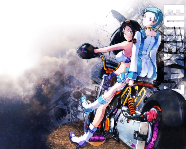 Anime picture 1280x1024 with eureka seven studio bones eureka talho yuuki james hildenbrand (redxxii) koyama shigeto long hair short hair black hair smile sitting purple eyes multiple girls blue hair full body looking back high heels copyright name sunglasses on head third-party edit