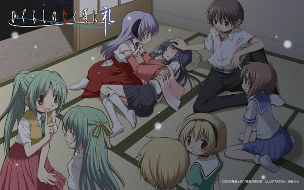 Anime picture 1920x1200 with higurashi no naku koro ni studio deen ryuuguu rena furude rika sonozaki mion houjou satoko sonozaki shion hanyuu maebara keiichi houjou satoshi aoki ume long hair blush fringe highres short hair open mouth blue eyes blonde hair smile