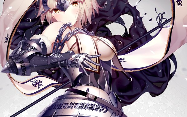 Anime picture 1280x800 with fate (series) fate/grand order jeanne d'arc (fate) (all) jeanne d'arc (fate) atha (leejuiping) single looking at viewer blush short hair breasts light erotic blonde hair yellow eyes girl dress gloves elbow gloves armor chain banner