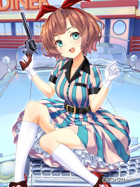 Anime picture 720x960 with original uz3d single tall image looking at viewer blush short hair open mouth blue eyes brown hair girl dress gloves bow weapon hair bow socks white gloves gun white socks