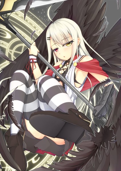 Anime picture 848x1200 with original jougen single long hair tall image looking at viewer ahoge white hair heterochromia magic girl thighhighs wings shoes striped thighhighs magic circle