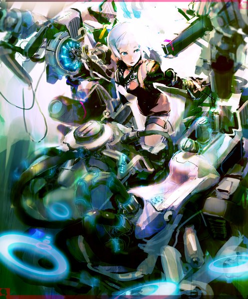 Anime picture 1500x1810 with so-bin single tall image highres short hair blue eyes white hair mechanical girl gloves wire (wires)