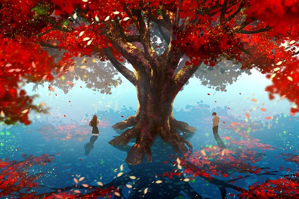 Anime picture 1500x1000 with original watermother long hair short hair brown hair standing wind from behind partially submerged reflection autumn girl boy skirt plant (plants) tree (trees) water leaf (leaves) black skirt autumn leaves