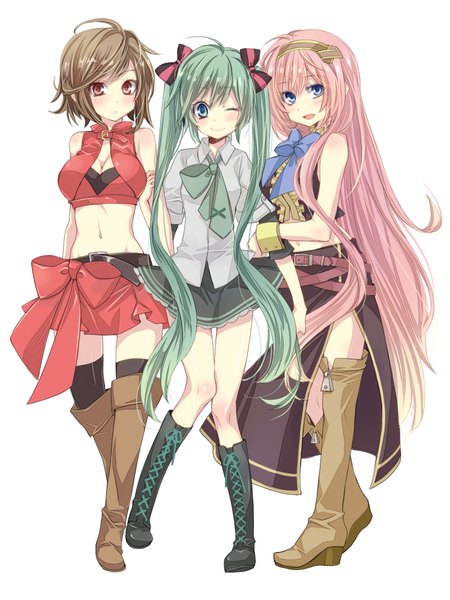 Anime picture 1500x2000 with vocaloid hatsune miku megurine luka meiko long hair tall image looking at viewer blush fringe short hair breasts simple background red eyes brown hair white background twintails multiple girls pink hair cleavage very long hair