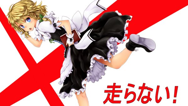 Anime picture 1476x830 with touhou kirisame marisa chikado single blush short hair open mouth blue eyes blonde hair wide image looking back no hat girl dress bow hair bow boots book (books)