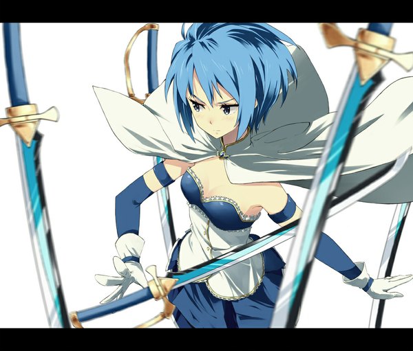 Anime picture 1000x852 with mahou shoujo madoka magica shaft (studio) miki sayaka dennou-k single short hair blue eyes simple background white background blue hair looking away girl dress gloves weapon sword elbow gloves cape