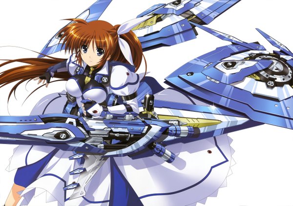Anime picture 5811x4092 with mahou shoujo lyrical nanoha nyantype takamachi nanoha higa yukari single long hair looking at viewer highres blue eyes simple background brown hair white background absurdres ponytail girl dress bow weapon hair bow