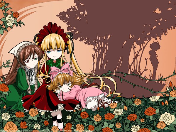 Anime picture 1600x1200 with rozen maiden shinku suiseiseki hina ichigo sakurada jun silhouette flower (flowers)