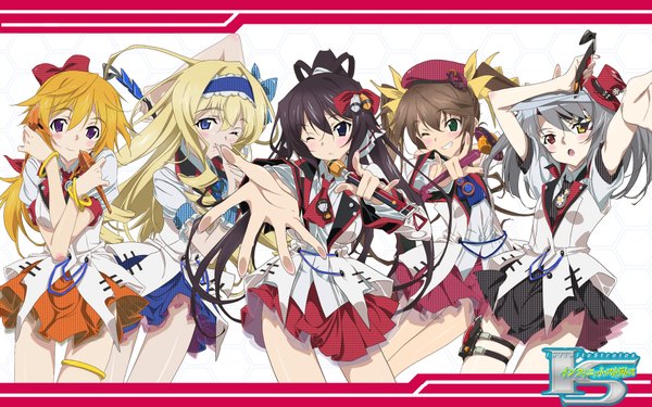 Anime picture 1920x1200 with infinite stratos 8bit charles dunois laura bodewig cecilia orcott shinonono houki fang linyin long hair blush highres open mouth blue eyes black hair blonde hair smile brown hair wide image purple eyes twintails green eyes