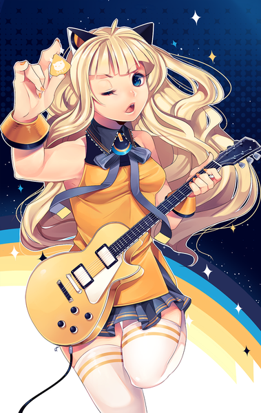 Anime picture 1139x1800 with vocaloid seeu loyproject single long hair tall image looking at viewer fringe open mouth blue eyes blonde hair animal ears nail polish one eye closed fingernails wink orange nail polish girl thighhighs white thighhighs