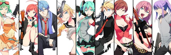 Anime picture 3083x1000 with vocaloid hatsune miku megurine luka kagamine rin kagamine len gumi kaito (vocaloid) meiko kamui gakupo miki (vocaloid) long hair highres short hair open mouth blue eyes blonde hair smile red eyes brown hair wide image