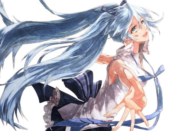 Anime picture 1300x950 with vocaloid hatsune miku hiro (menomae) long hair open mouth blue eyes white background twintails blue hair sleeveless spread arms girl bow choker