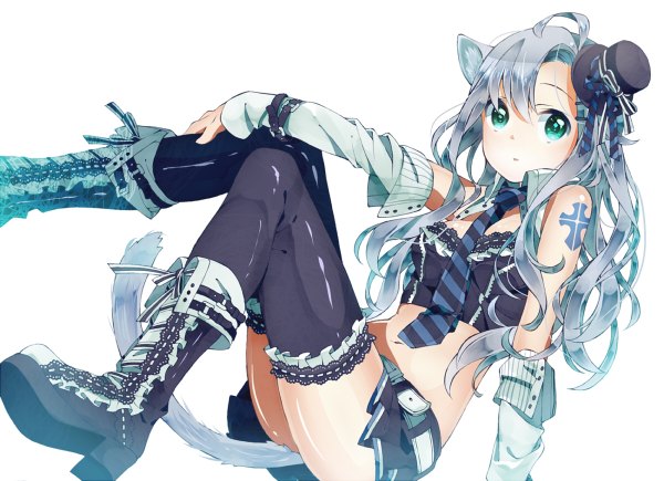 Anime picture 1200x870 with original asuku (69-1-31) single long hair looking at viewer fringe breasts simple background white background sitting bare shoulders animal ears blue hair tail animal tail pleated skirt aqua eyes cat ears bare belly cat tail