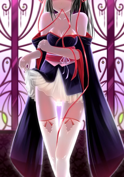 Anime picture 1728x2460 with machine-doll wa kizutsukanai yaya (machine-doll) brianchan.t.w single long hair tall image highres breasts light erotic black hair bare shoulders holding traditional clothes japanese clothes mouth hold head out of frame ribbon in mouth no face girl thighhighs
