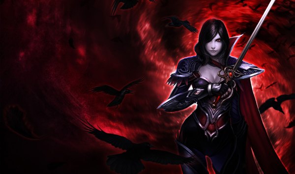 Anime picture 1215x717 with league of legends fiora (league of legends) single fringe short hair black hair red eyes wide image hair over one eye girl gloves weapon animal armor bird (birds) crow epee