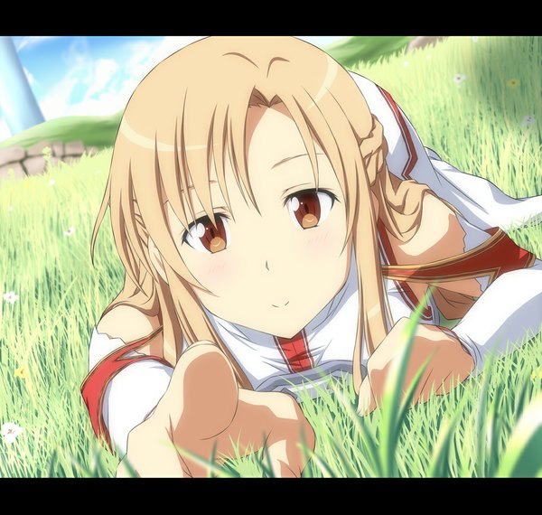 Anime picture 1021x971 with sword art online a-1 pictures yuuki asuna nori tamago single long hair looking at viewer blonde hair smile brown eyes lying letterboxed girl plant (plants) grass