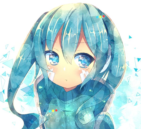 Anime picture 1096x1000 with kagerou project shaft (studio) ene (kagerou project) abandon ranka single long hair blush fringe blue eyes hair between eyes white background twintails from above aqua hair leaning leaning forward :t girl star (symbol)
