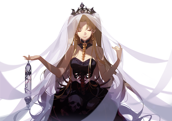 Anime picture 1200x849 with fate (series) fate/grand order ereshkigal (fate) ask (askzy) single fringe simple background smile brown hair standing white background holding eyes closed very long hair light smile two side up outstretched arm spine girl dress