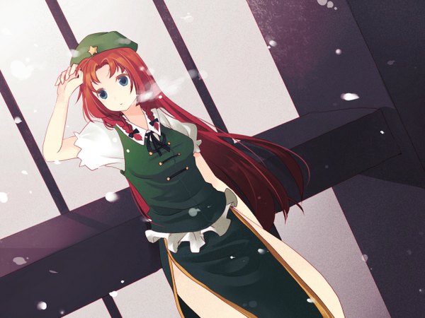 Anime picture 1280x960 with touhou hong meiling hiz (pixiv) long hair blue eyes red hair braid (braids) twin braids snowing winter exhalation double buttons girl skirt ribbon (ribbons) hat star (symbol) buttons skirt set