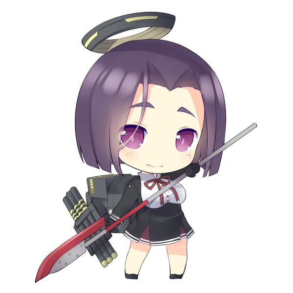Anime picture 1771x1771 with kantai collection tatsuta light cruiser saru (longbb) single looking at viewer highres short hair simple background white background purple eyes purple hair chibi girl dress gloves ribbon (ribbons) weapon black gloves shoes halo