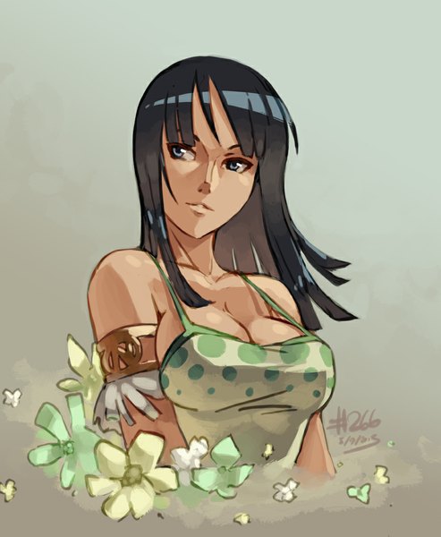 Anime picture 864x1052 with one piece toei animation nico robin junkpuyo single long hair tall image fringe blue eyes black hair simple background signed looking away cleavage grey background sleeveless girl flower (flowers) bracelet