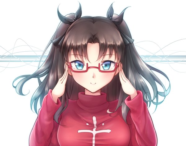 Anime picture 1200x945 with fate (series) fate/stay night type-moon toosaka rin fal single long hair looking at viewer blue eyes black hair smile girl bow hair bow glasses sweater
