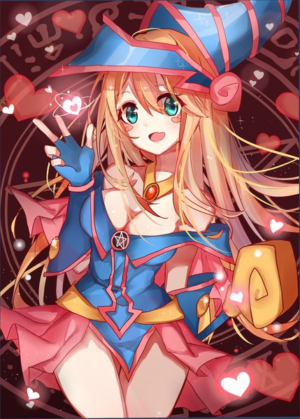 Anime picture 1000x1398 with yu-gi-oh! yu-gi-oh! duel monsters dark magician girl akira (ying) single long hair tall image looking at viewer blush fringe breasts light erotic blonde hair hair between eyes large breasts standing bare shoulders cleavage aqua eyes magic