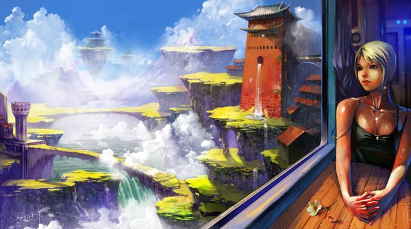 Anime picture 2000x1116 with original nuannuan (artist) single highres short hair blonde hair wide image sitting sky cloud (clouds) black eyes city crossed arms mountain landscape rock waterfall panorama floating island girl