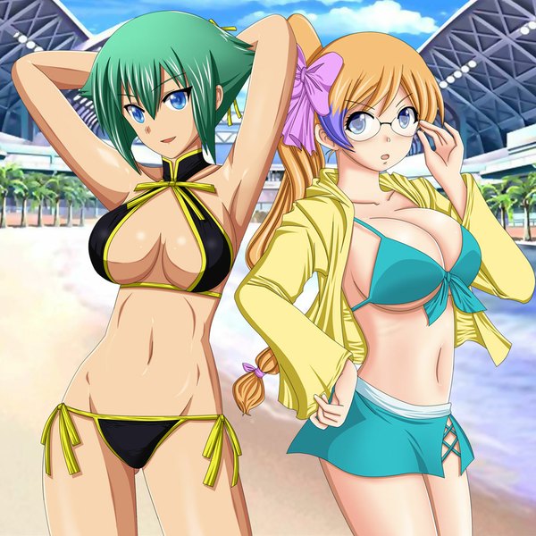Anime picture 1024x1024 with aquarion (series) aquarion evol satelight zessica wong mix (aquarion) artemisumi long hair short hair breasts blue eyes light erotic blonde hair multiple girls ponytail green hair girl navel bow 2 girls swimsuit