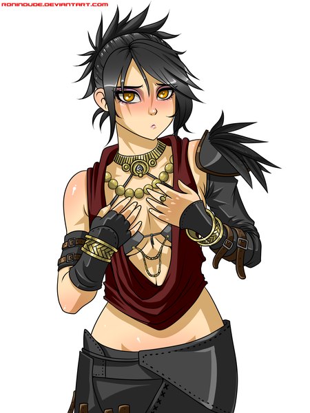 Anime picture 3000x4000 with dragon age (game) morrigan (dragon age) ronin dude (ray cornwell) single tall image looking at viewer blush highres short hair black hair simple background white background yellow eyes girl skirt gloves bracelet
