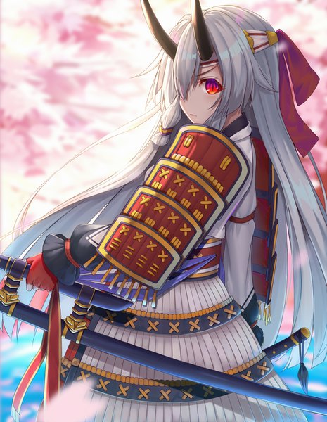 Anime picture 1084x1400 with fate (series) fate/grand order tomoe gozen (fate) mhong single long hair tall image looking at viewer blush fringe red eyes holding silver hair outdoors traditional clothes japanese clothes horn (horns) blurry hair over one eye depth of field