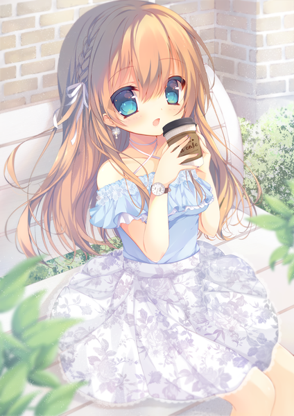 Anime picture 1000x1415 with original shiyu (sweet dream) single long hair tall image looking at viewer blush open mouth blue eyes brown hair sitting bare shoulders holding payot bent knee (knees) braid (braids) from above loli single braid happy