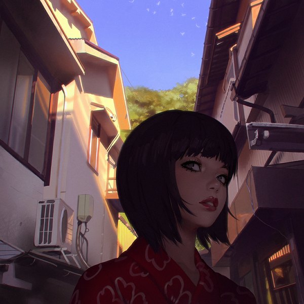 Anime picture 1080x1080 with original ilya kuvshinov single looking at viewer fringe short hair open mouth black hair sky outdoors traditional clothes japanese clothes lips sunlight realistic grey eyes lipstick flying red lipstick revision